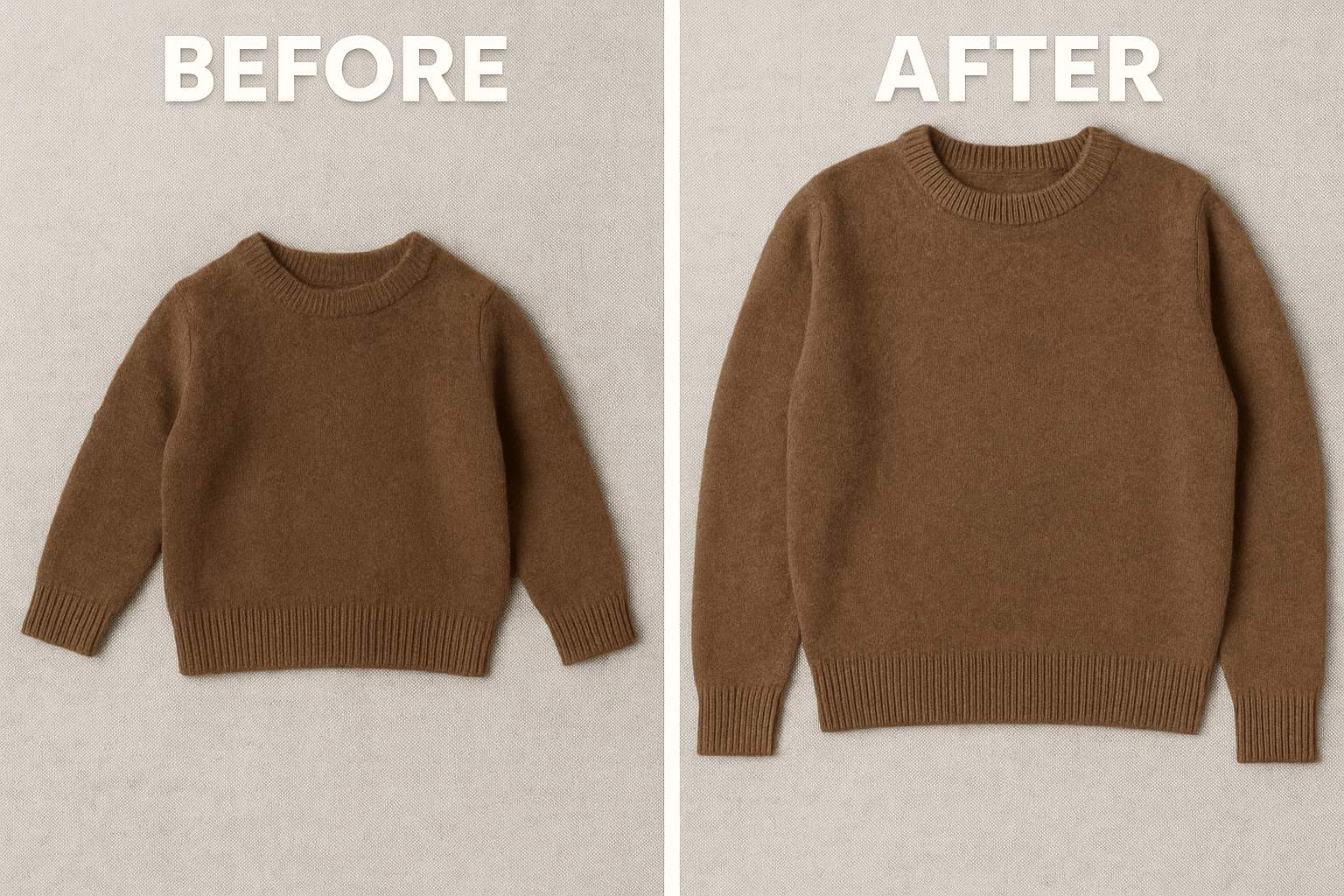 A before and after image of a shrunken sweater being stretched back to size
